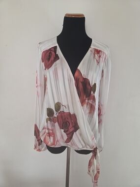 Guess Floral Wrap Blouse - White with Red Rose Print Size S